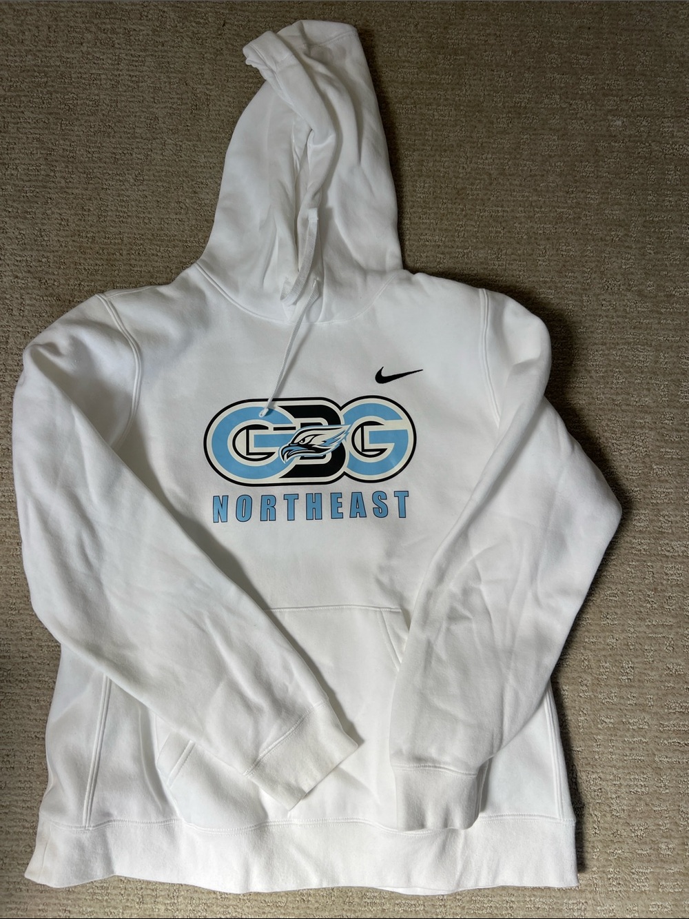 Nike White Hoodie with Black Swoosh and Light Blue GBG Northeast Graphic